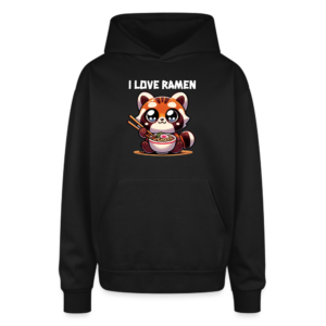 Kawaii-style Tanuki Eating Ramen with Chopsticks Oversized Hooded Sweatshirt